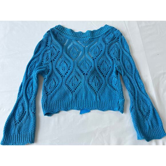 VTG Y2K American Attitudes sweater sz Med cropped flare sleeve crochet wrap blue - Picture 9 of 11